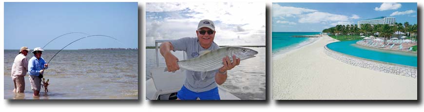 L-R: Grand Bahama Bonefishing anglers double up; Nice Grand Bahama Bonefish; Grand Bahama Bonefish accommodations at the Our Lucaya