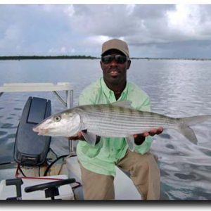 Grand Bahama Bonefishing guide Jeffrey Pinder with a big Bahamas bonefish