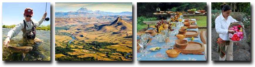 L-R: Chimehuin Brown, View of Estancia Tipiliuke; Lunch Setting; Tipiliuke Rose Garden.