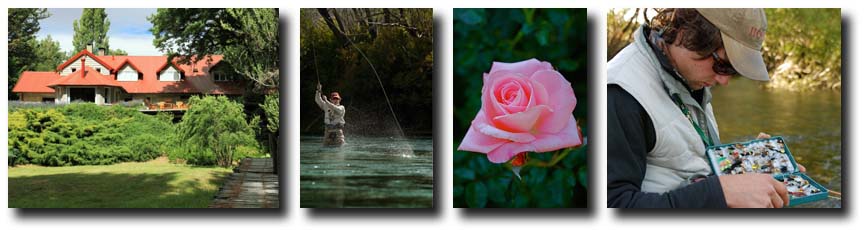 L to R: Tipiliuke Lodge; Angler hooked up on the Chimehuin; Tipiliuke Rose (Courtesy of Rick Bannerot); Fly Fishing Andes Guide (Courtesy of Rick Bannerot).