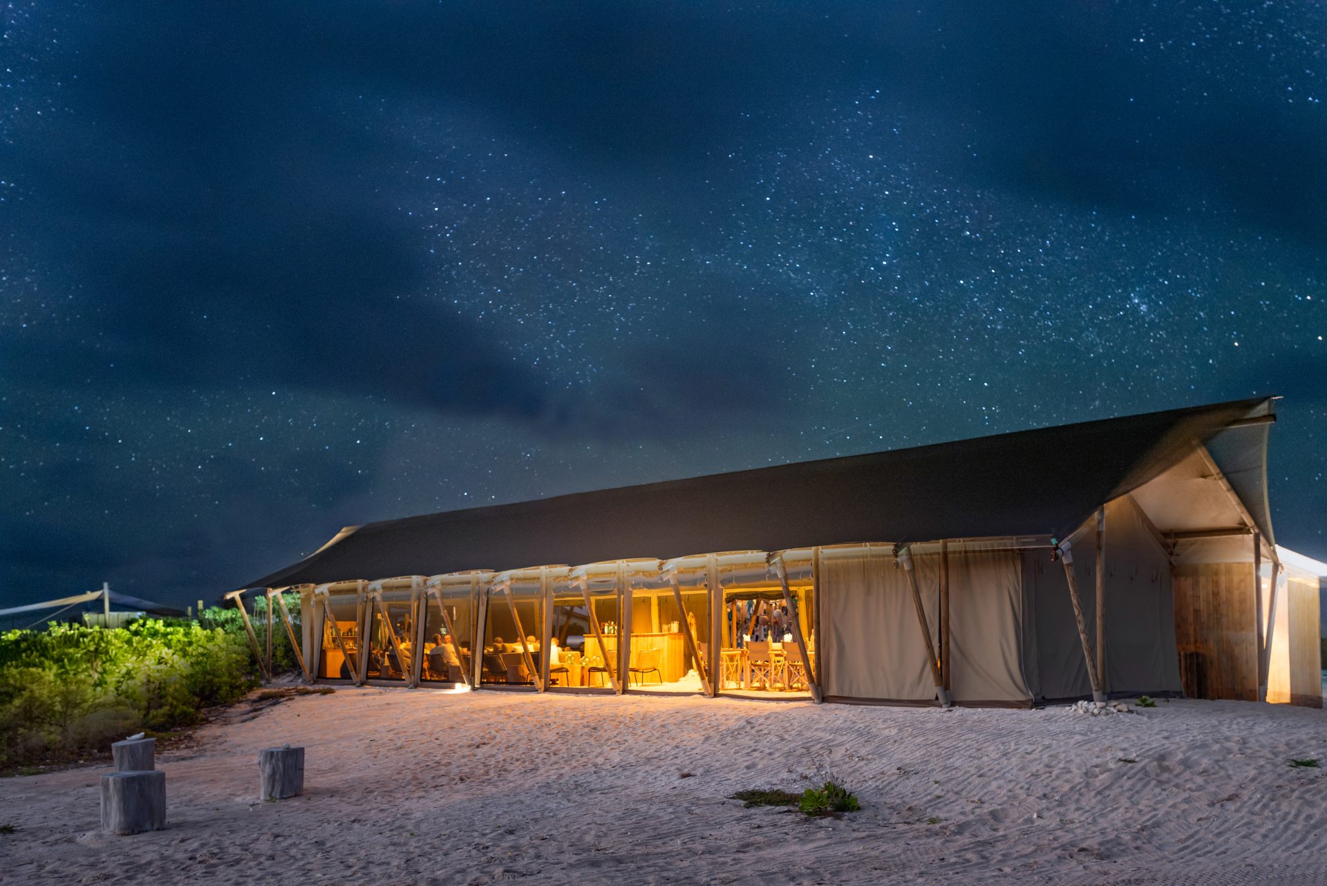 Cosmoledo eco-pods at night, Wizard Island, Seychelles