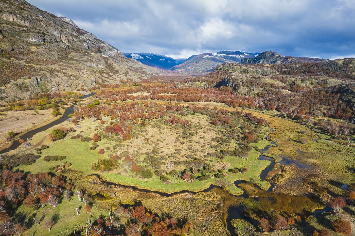 Aerial view of the spring creeks and valley at El Saltamontes Lodge