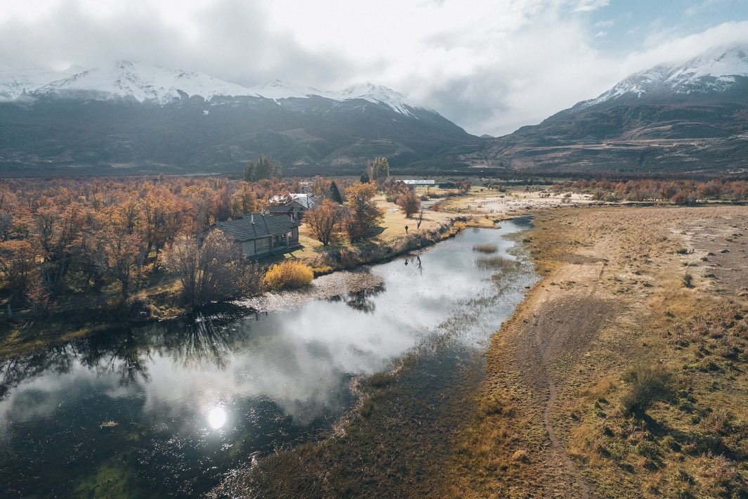 Aerial view of the river and valley at El Saltamontes Lodge
