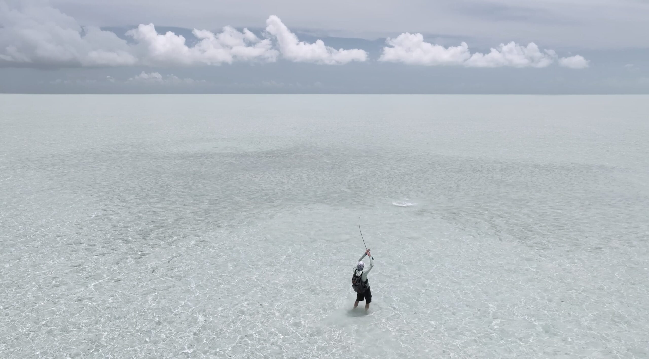 Wide-angle view of bonefish movement across shallow Bahamas flats