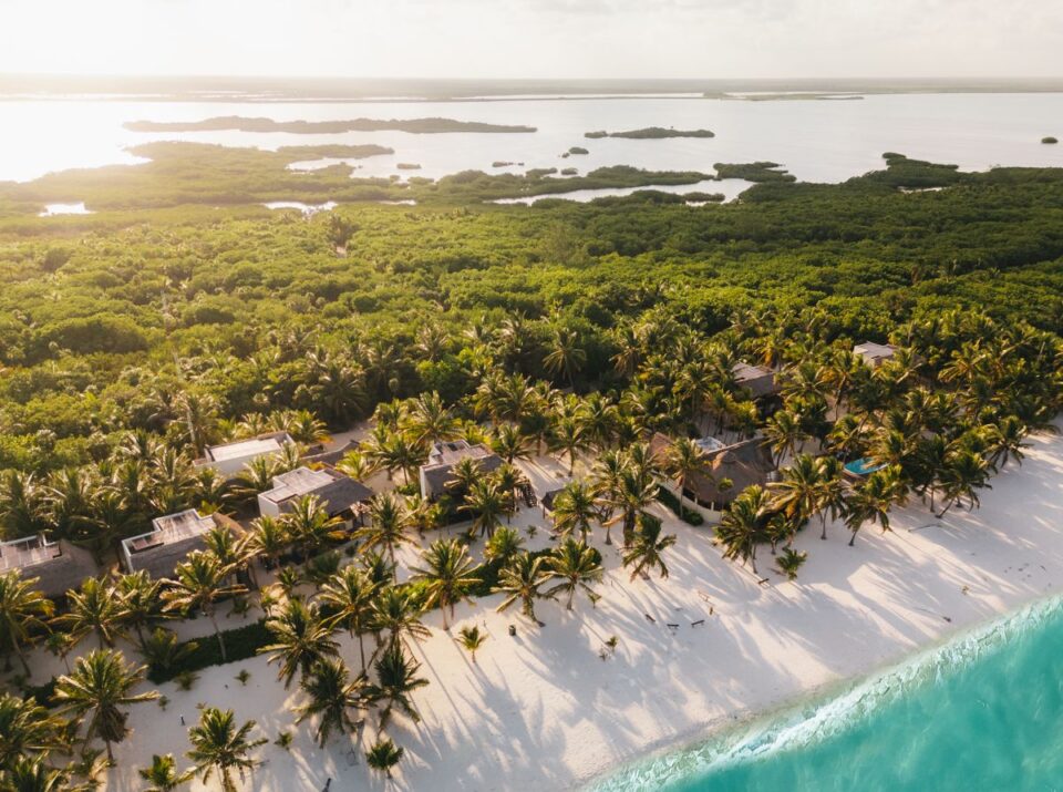 Lodge Lagoon Sunset Aerial — Sian Kaan Lodge, Ascension Bay Mexico