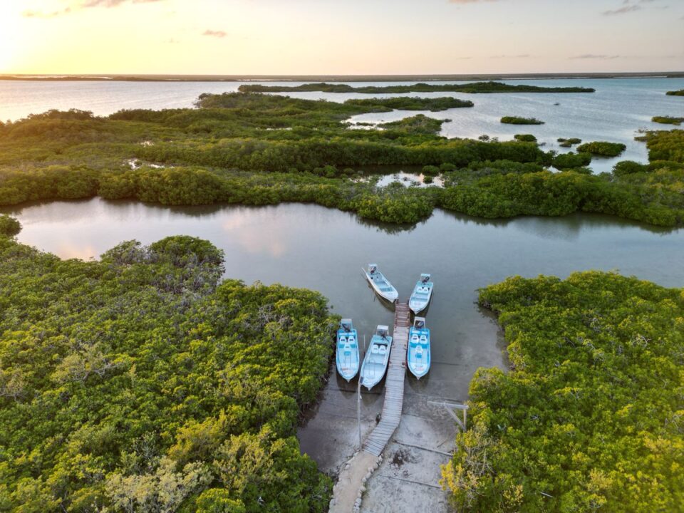 Skiffs Mangrove Dock Sunset — Sian Kaan Lodge, Ascension Bay Mexico