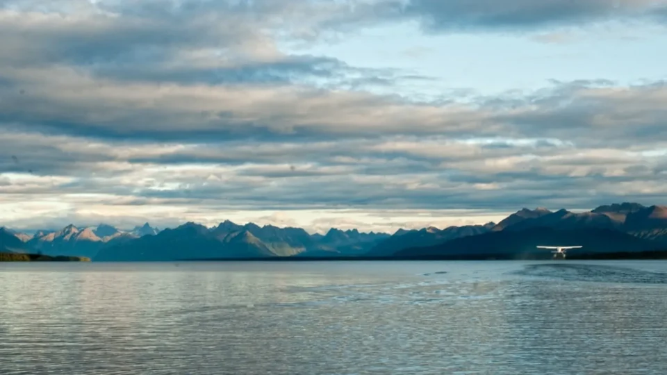 DeHavilland Beaver floatplane leaving the lodge — Royal Coachman Lodge, Nuyakuk River, Bristol Bay, Alaska