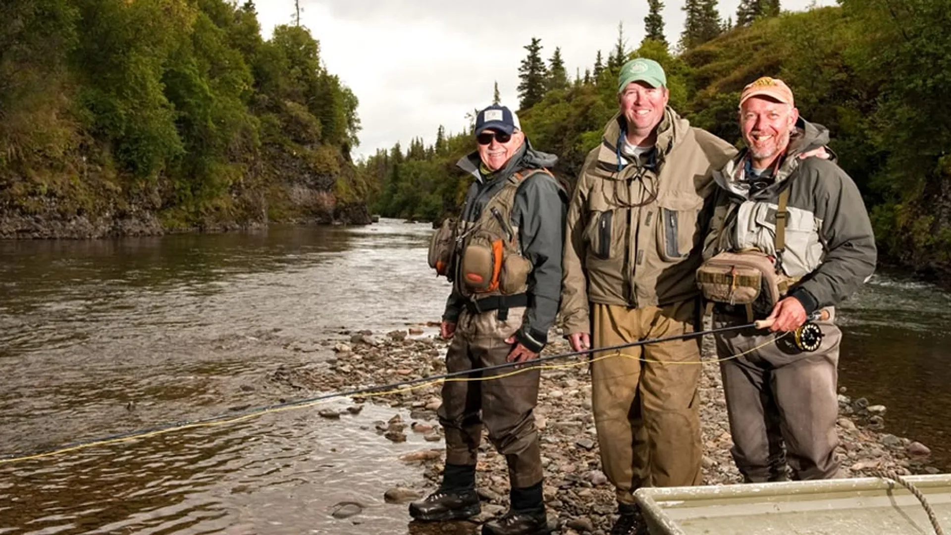 Guests on the riverbank — Royal Coachman Lodge, Nuyakuk River, Bristol Bay, Alaska