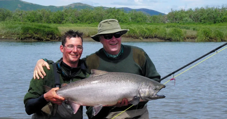 Guests with king salmon — Royal Coachman Lodge, Nuyakuk River, Bristol Bay, Alaska