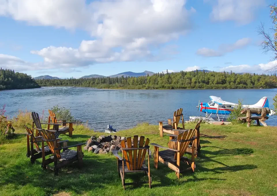 Lodge lawn fire pit and Beaver — Royal Coachman Lodge, Nuyakuk River, Bristol Bay, Alaska