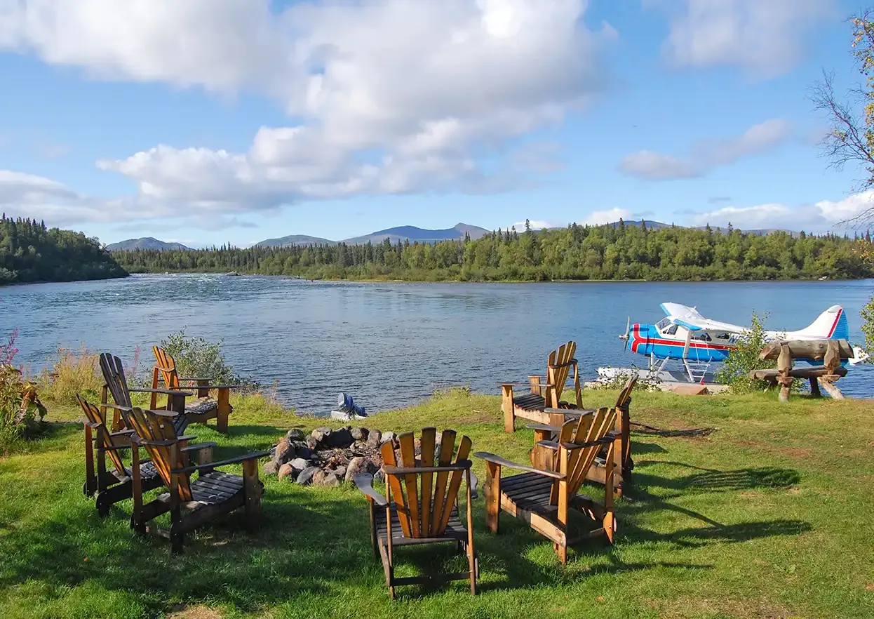 Lodge lawn fire pit and Beaver — Royal Coachman Lodge, Nuyakuk River, Bristol Bay, Alaska