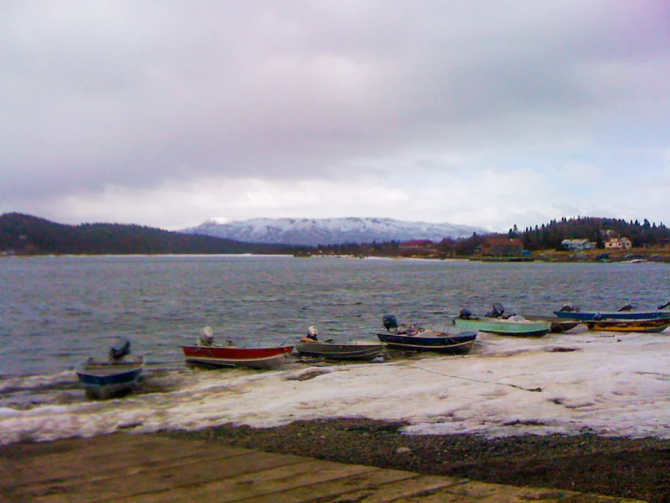 Wood-Tikchik winter shoreline boats — Royal Coachman Lodge, Nuyakuk River, Bristol Bay, Alaska