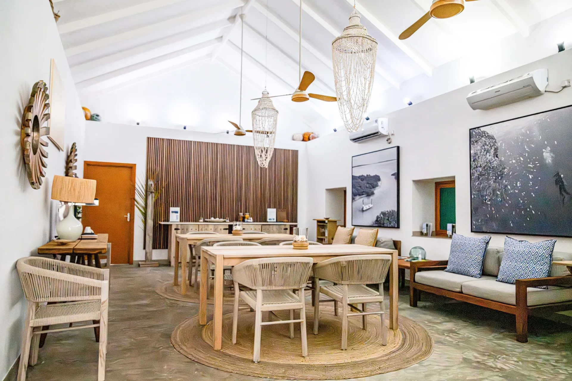 Lodge lounge and dining interior — Astove Atoll, Seychelles