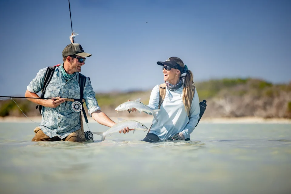 Two anglers with bonefish on the flats — Astove Atoll, Seychelles