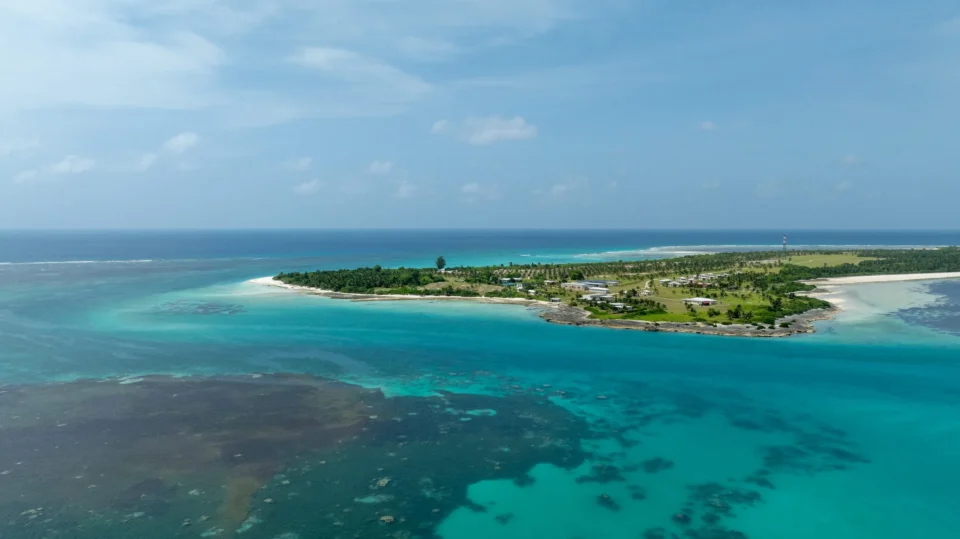 Aerial of the island and reef edge — Farquhar Atoll, Seychelles