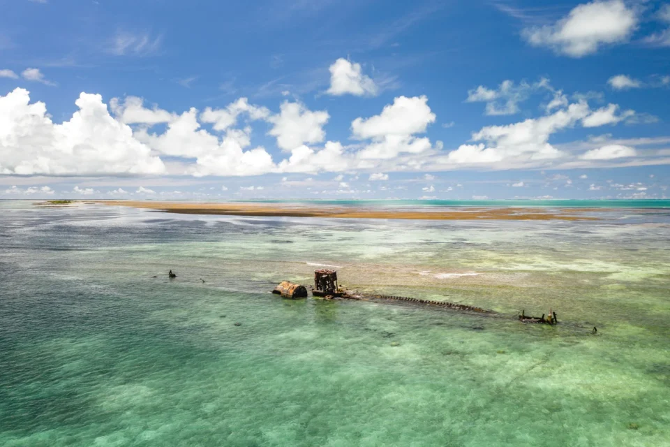 Aerial of the reef flats and shipwreck — Farquhar Atoll, Seychelles