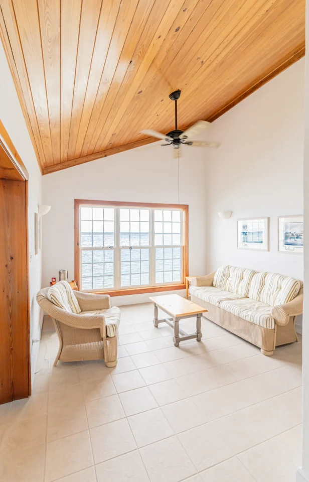 Cottage sitting room looking out to the water at Mangrove Cay Club, Andros, Bahamas