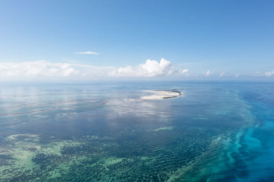 Aerial of a sand cay and reef — Providence Atoll, Seychelles