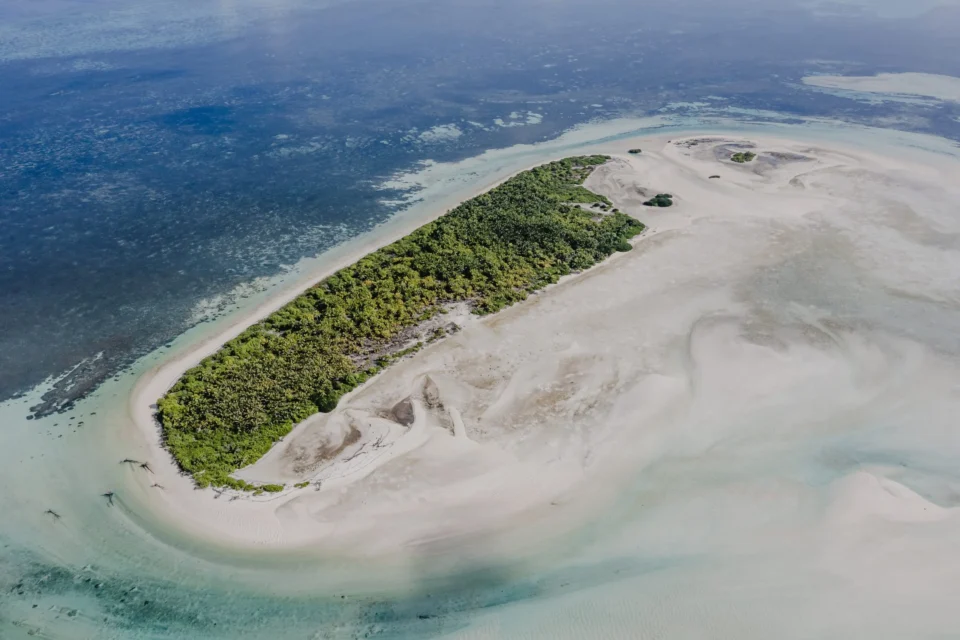 Aerial of a vegetated island and sand spit — Providence Atoll, Seychelles