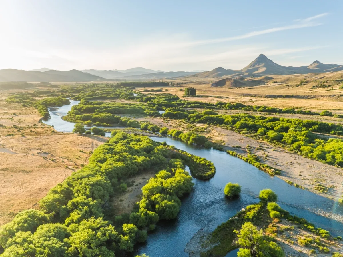 Aerial view of the Chimehuín River valley near Tipiliuke Lodge, Patagonia, Argentina