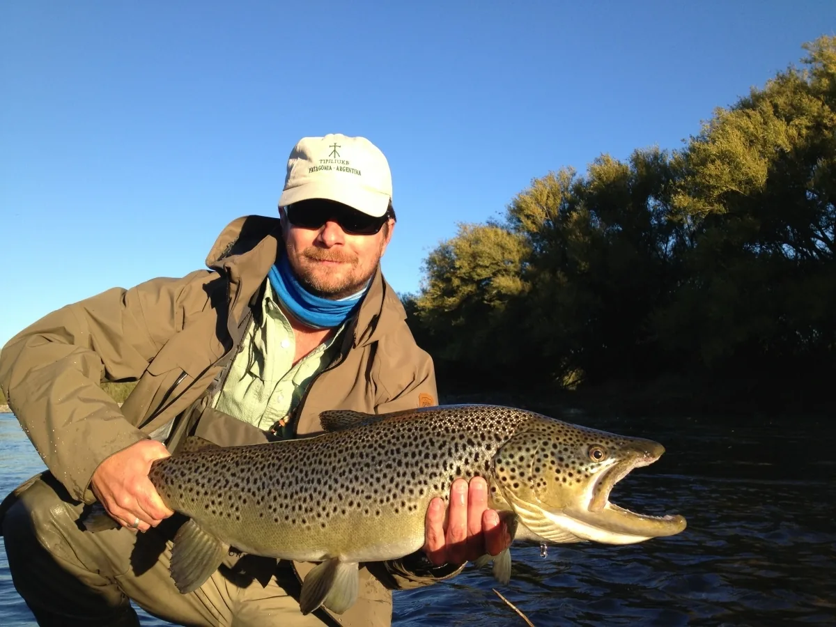 Angler holding a large spotted brown trout at Tipiliuke Lodge, Chimehuín River, Patagonia, Argentina