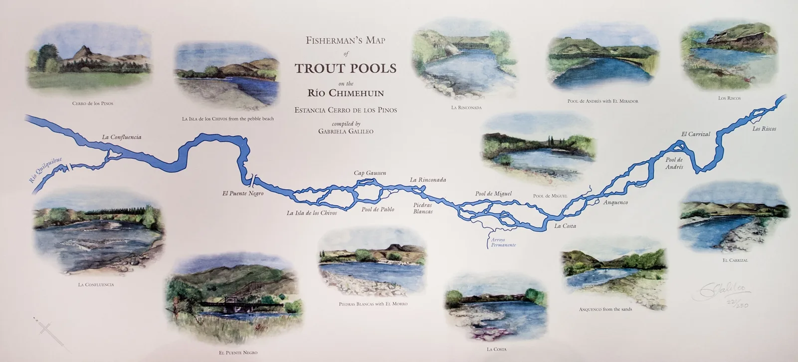 Fisherman's map of trout pools on the Chimehuín River at Estancia Tipiliuke, Patagonia, Argentina