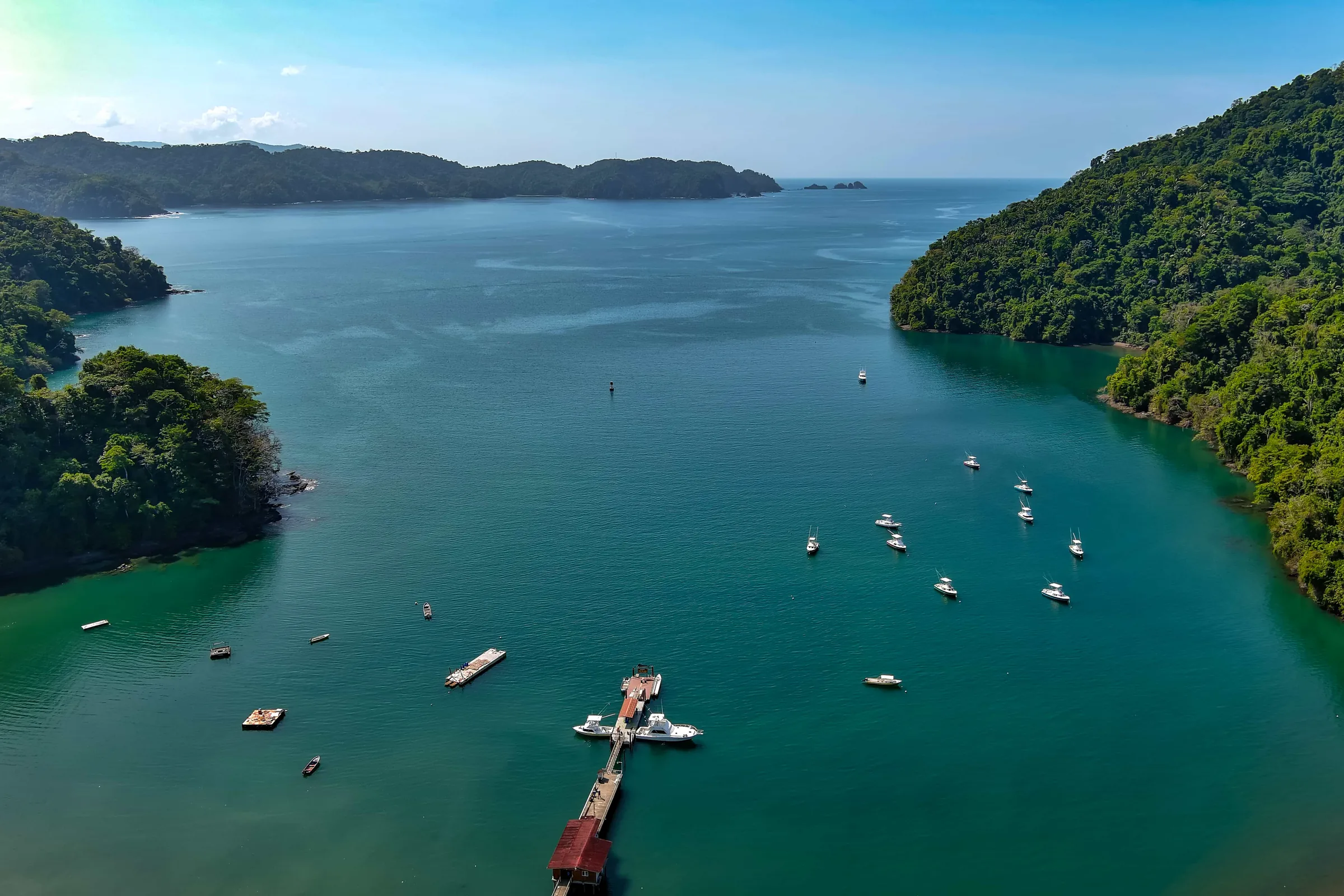 Aerial of the Tropic Star Lodge dock and sportfishing fleet, Piñas Bay, Panama