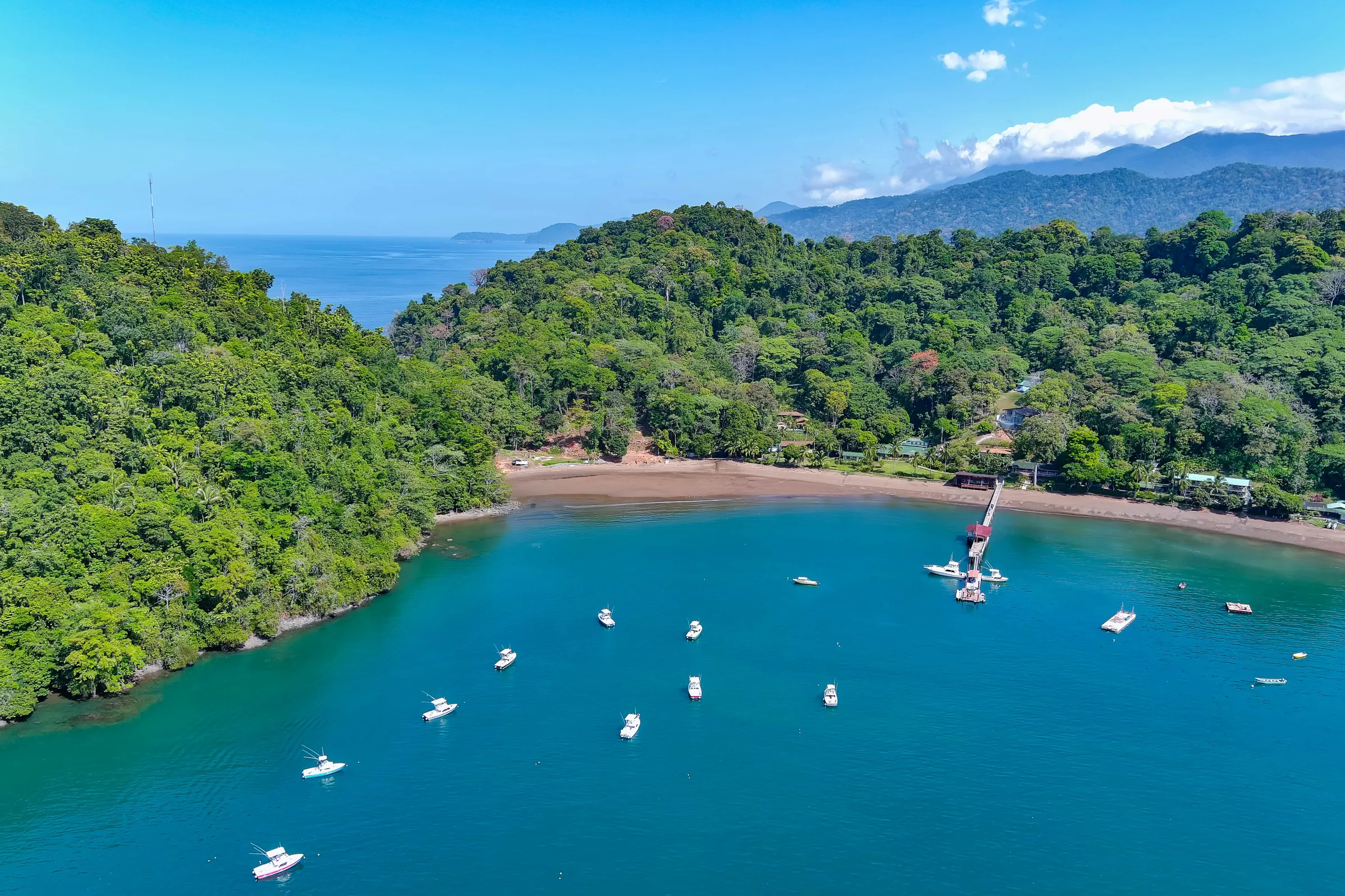 Aerial of Tropic Star Lodge and the Bertram fleet in Piñas Bay, Panama
