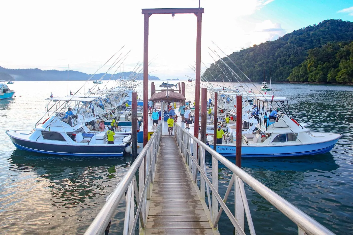 Gangway down to the Tropic Star Lodge dock and Bertram fleet, Panama