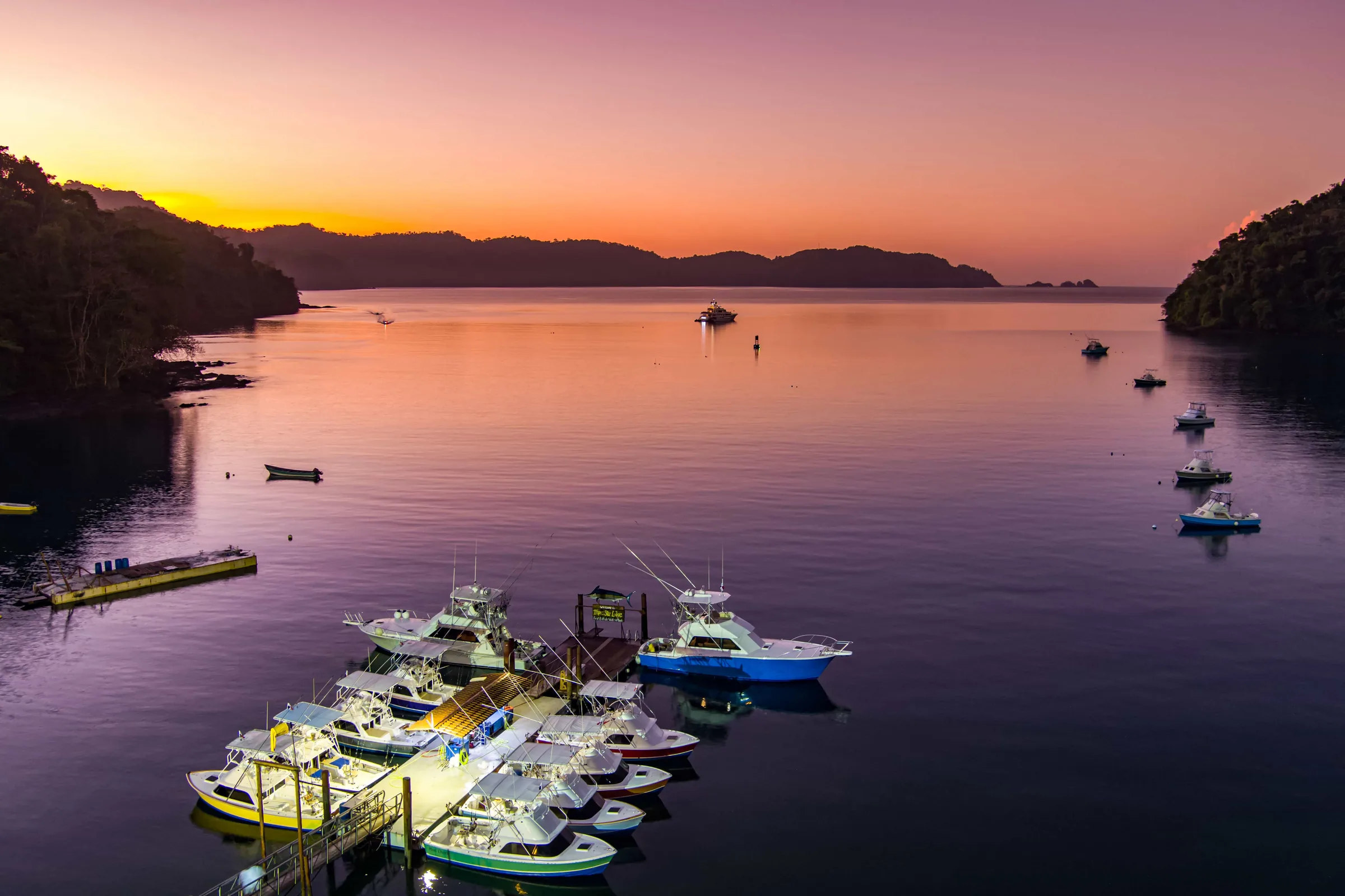 Tropic Star Lodge marina and sportfishing fleet at sunset, Piñas Bay, Panama