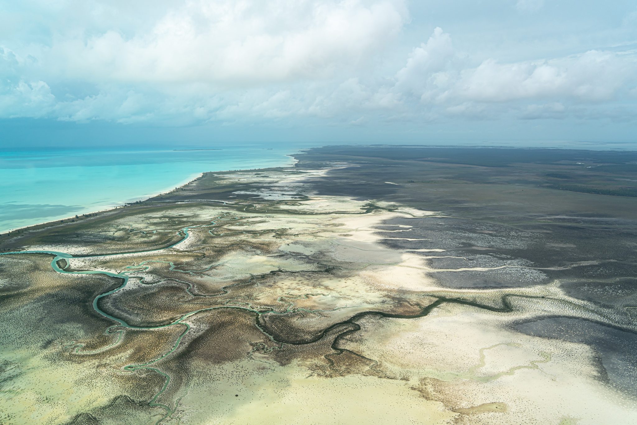 Aerial of tidal creeks and bonefish flats, Mangrove Cay, Andros. Two anglers wade bottom-right. Photo Adam Campesi, Campesi Design.