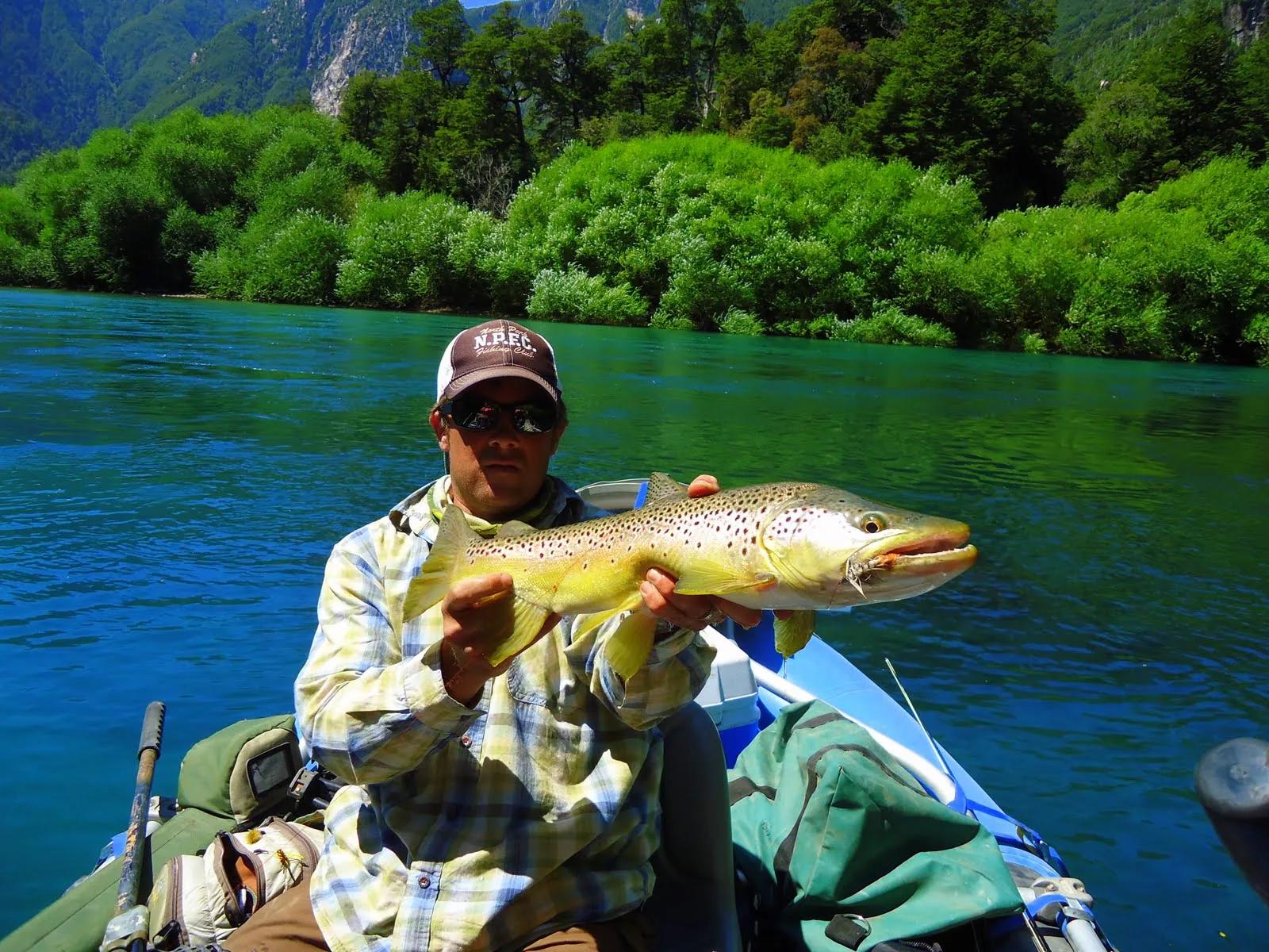 Angler in a raft holding a brown trout on the Futaleufú River at Futa Lodge, Chile