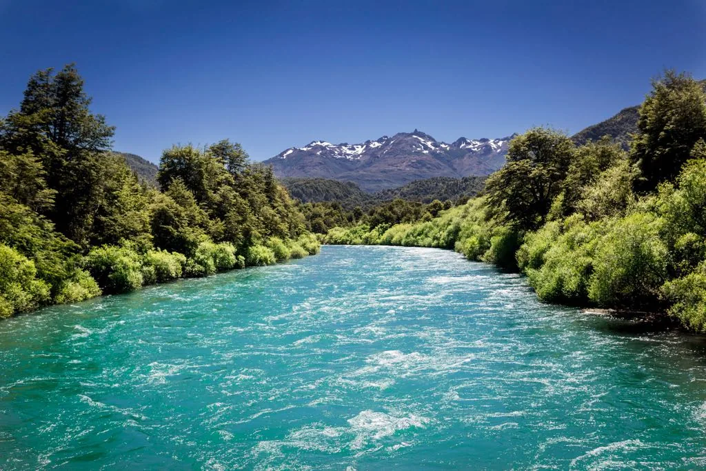 Turquoise Futaleufú River through forest toward snowy peaks at Futa Lodge, Chile