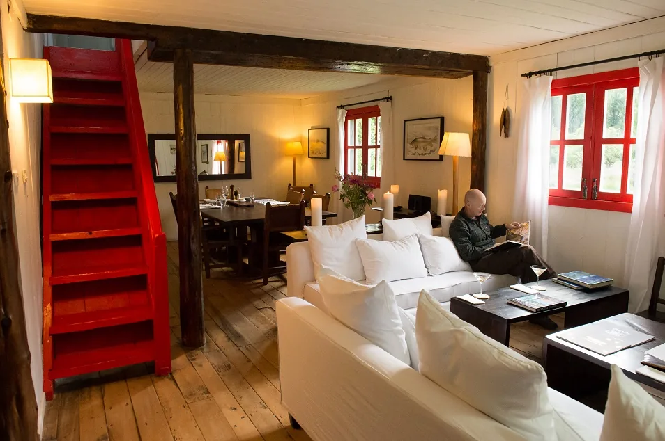 Main lodge living room at Futa Lodge, Futaleufú, Chile