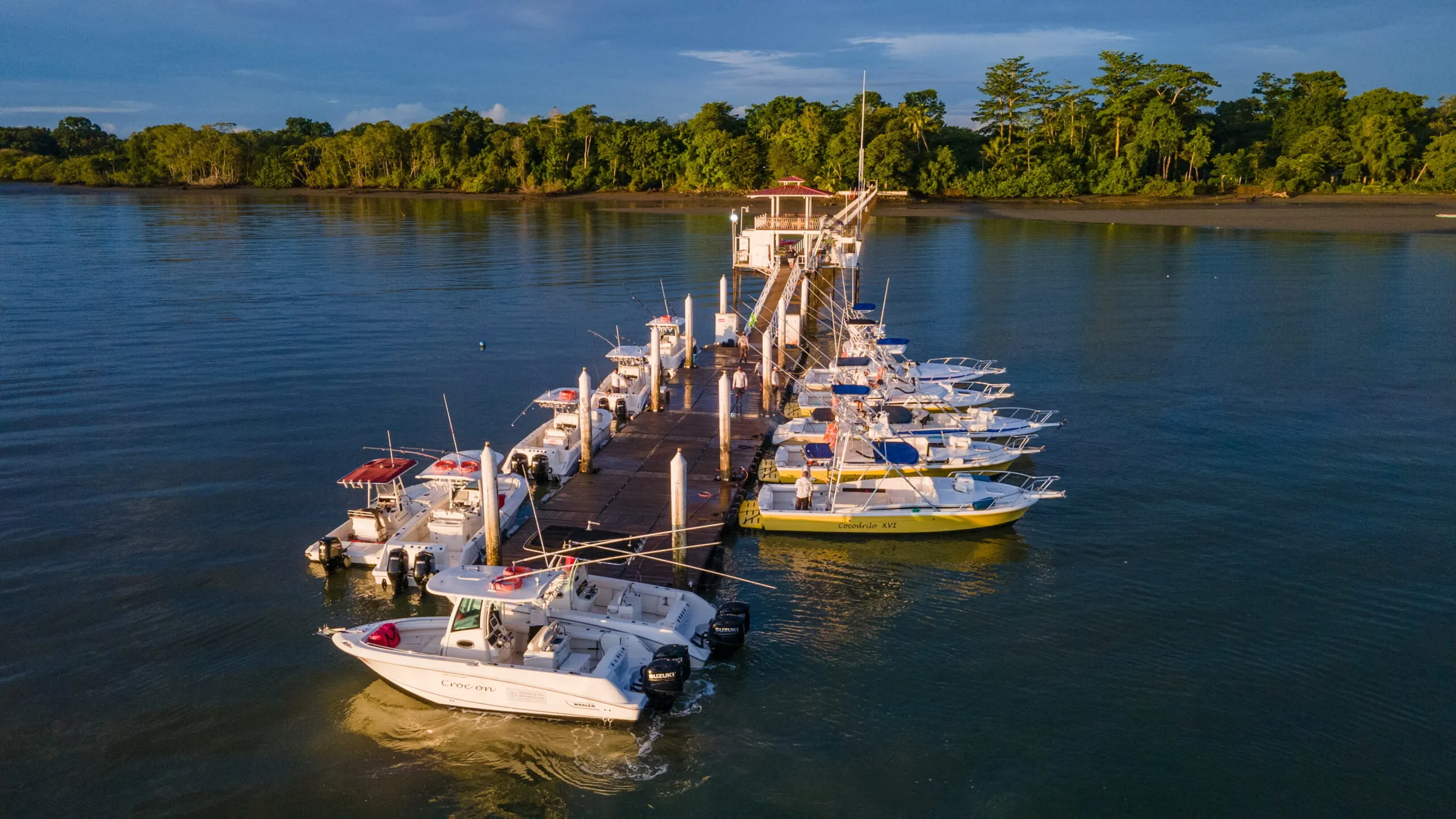 Aerial view of the Crocodile Bay fleet at the Puerto Jiménez marina, Golfo Dulce