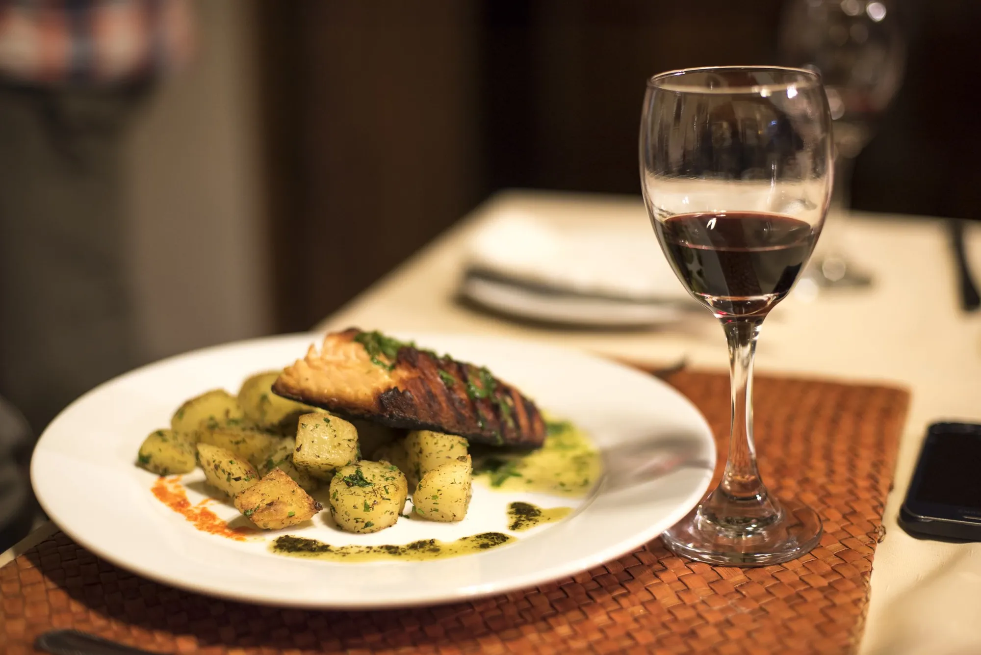 Plate of food and wine at Cinco Rios Lodge