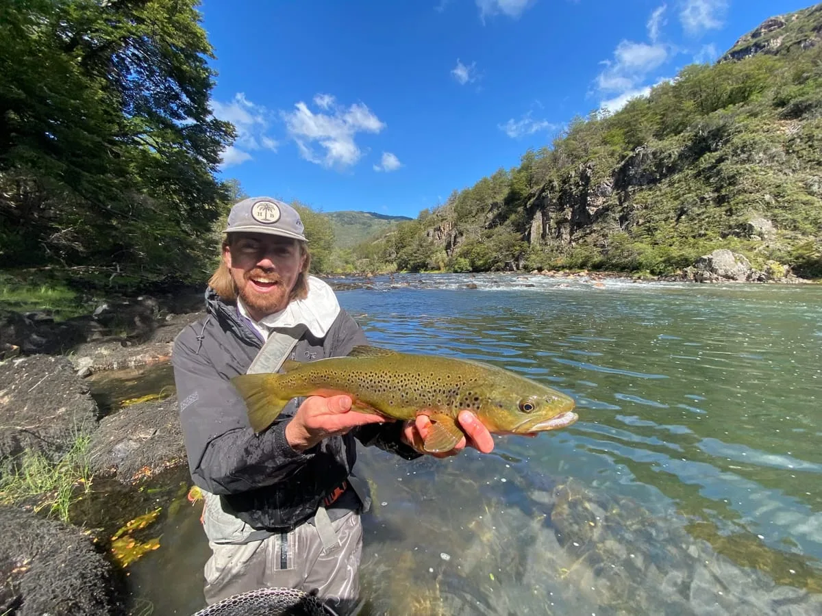 Angler holding a large trout on a canyon river near El Saltamontes Lodge, Chile