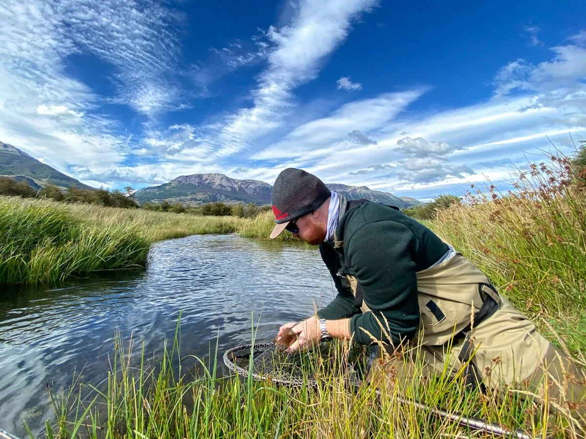Angler kneeling at a grassy creek edge to release a trout at El Saltamontes Lodge